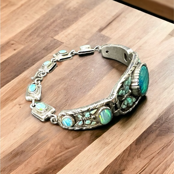 Blue Fire Opals & Inlayed Fire Opals in Solid Sterling Silver Bracelet - Picture 3 of 10